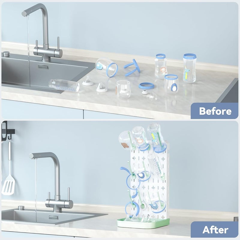 CLESOO Baby Bottle Drying Rack Bottle Dryer Rack for 12 Bottle Drying Rack Space Saving Kitchen Countertop Vertical Cup Drainer Rack Detachable Baby Bottle Holder Storage Organizer Pump Part Dryer Rack Green - Image 3